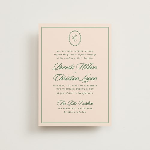 This is a emerald petite wedding invitations with standard by Creo Study called scripted printing on signature in petite