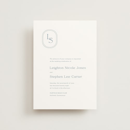 This is a lakeshore blue petite wedding invitations with standard by Jennifer Postorino called leighton printing on signature in petite