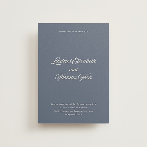 This is a french blue petite wedding invitations with standard by Nicoletta Savod called ritzy printing on signature in petite