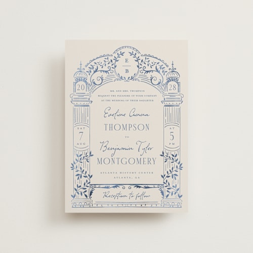 This is a navy petite wedding invitations with standard by Petra Kern called pavilion printing on signature in petite