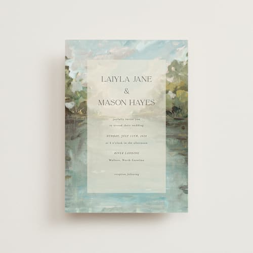 This is a lake petite wedding invitations with standard by Lindsay Megahed called reflections printing on signature in petite