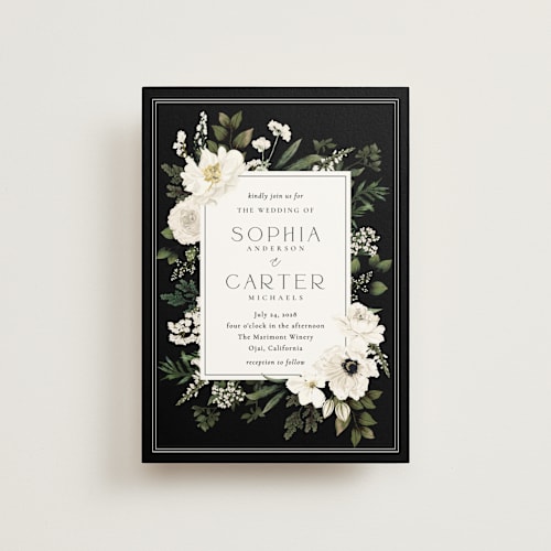 This is a black tie petite wedding invitations with standard by Susan Moyal called botanical love printing on signature in petite