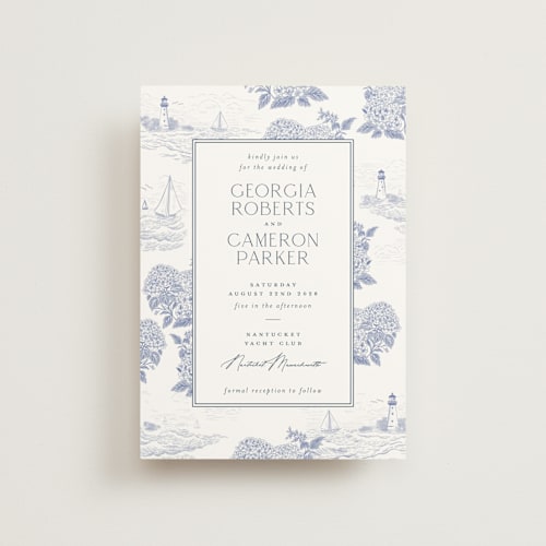 This is a periwinkle petite wedding invitations with standard by Jenna Holcomb called coastal toile printing on signature in petite