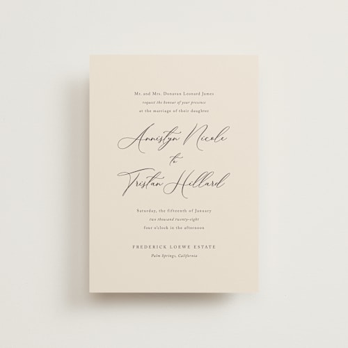 This is a mocha petite wedding invitations with standard by Jennifer Postorino called love story printing on signature in petite