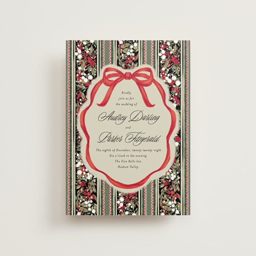 This is a ruby petite wedding invitations with standard by Jackie Crawford called holiday ribbon printing on signature in petite