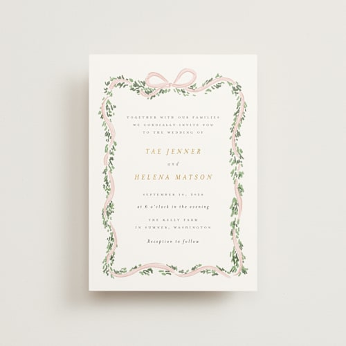 This is a blush petite wedding invitations with standard by Itsy Belle Studio called ribbonly frame printing on signature in petite