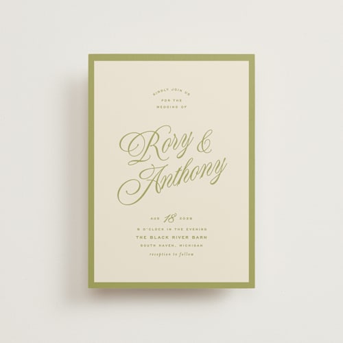 This is a olive petite wedding invitations with standard by Ellen Schlegelmilch called rory printing on signature in petite