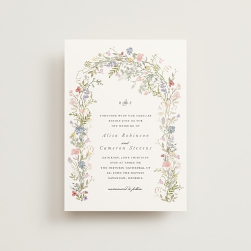 This is a sage petite wedding invitations with standard by Lori Wemple called flowering arch printing on signature in petite