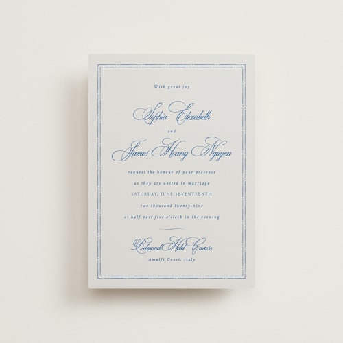 This is a blue mist petite wedding invitations with standard by Design Lotus called amalfi blue printing on signature in petite