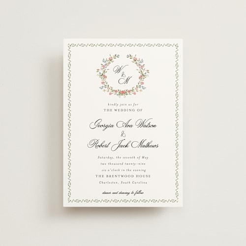 This is a blush petite wedding invitations with standard by Susan Moyal called monogramed printing on signature in petite