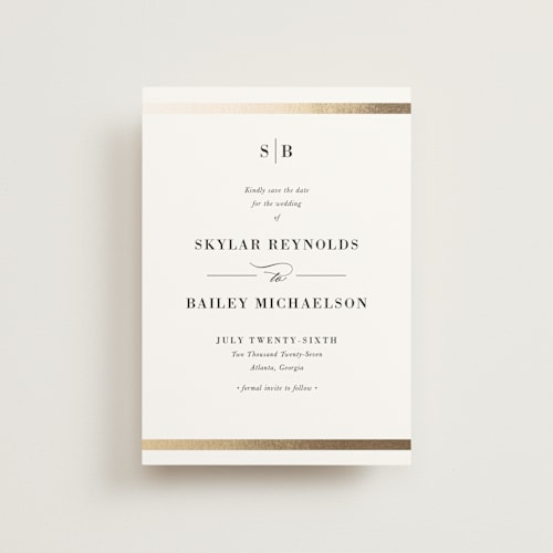 This is a powder petite save the dates with foil pressed by Stacey Meacham called classic monogram printing on signature in petite