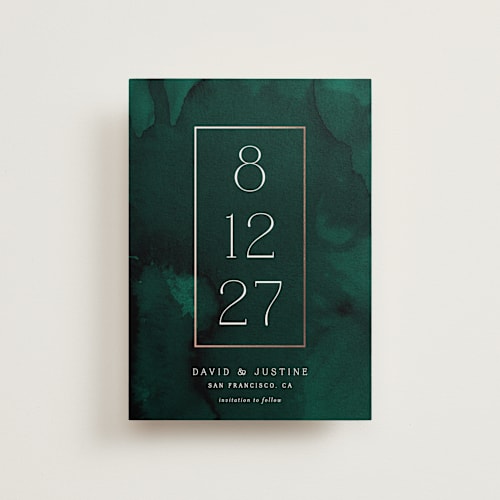 This is a jade petite save the dates with foil pressed by Kerry Doyle called modernized printing on signature in petite