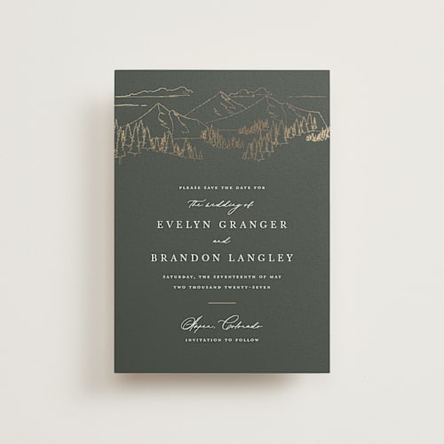This is a hunter petite save the dates with foil pressed by Sarah Brown called peaks printing on signature in petite