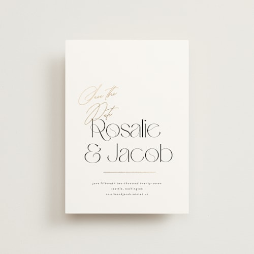 This is a snow petite save the dates with foil pressed by Itsy Belle Studio called aula printing on signature in petite