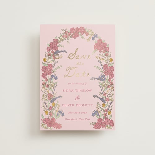 This is a tea rose petite save the dates with foil pressed by Sarah Rosenthal called evergold blooms printing on signature in petite