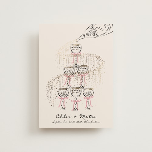 This is a petal petite save the dates with foil pressed by Jackie Crawford called sparkling champagne tower printing on signature in petite
