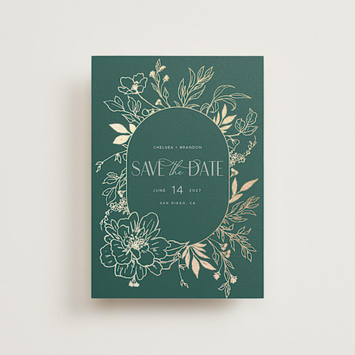 This is a emerald petite save the dates with foil pressed by Vera Lim called chelsea printing on signature in petite