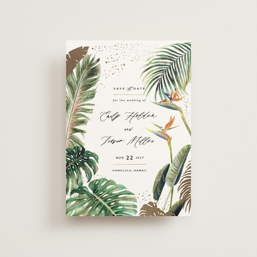 This is a fern petite save the dates with foil pressed by Elly called our paradise printing on signature in petite
