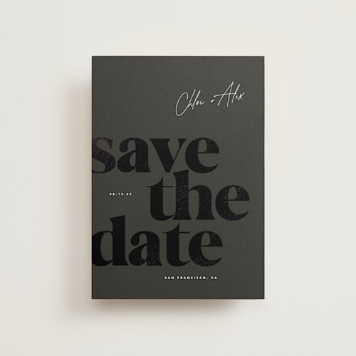 This is a evening petite save the dates with foil pressed by Eric Clegg called retro printing on signature in petite