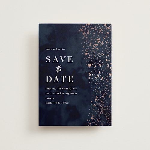 This is a midnight petite save the dates with foil pressed by Angela Marzuki called glistening stardust printing on signature in petite