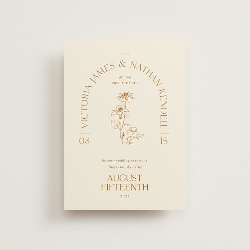 This is a cream petite save the dates with standard by Baumbirdy called floral type arch printing on signature in petite