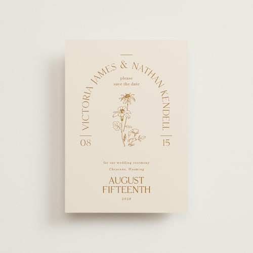 This is a cream petite save the dates with standard by Baumbirdy called floral type arch printing on signature in petite