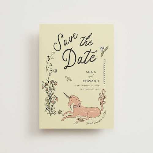This is a oat petite save the dates with standard by Helena Vitto called love rests in a garden printing on signature in petite