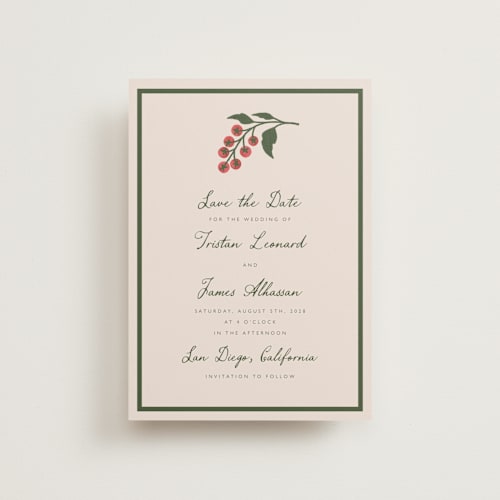 This is a sand petite save the dates with standard by Katharine Watson called tomato vine printing on signature in petite
