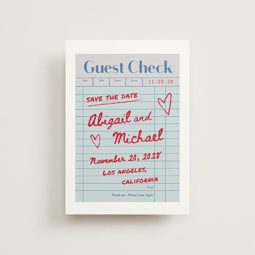 This is a mint petite save the dates with standard by Jennifer Lew called guest check printing on signature in petite