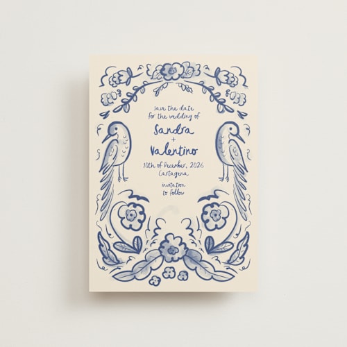 This is a marseille blue petite save the dates with standard by Ani Somi called santa catalina printing on signature in petite