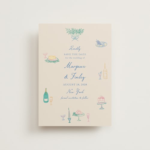 This is a pastel petite save the dates with standard by Elly called dining printing on magnet paper in petite