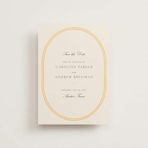 This is a melon petite save the dates with standard by Megan Davis called bocce printing on signature in petite