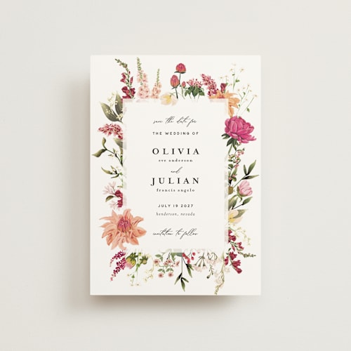 This is a magenta petite save the dates with standard by Susan Moyal called lush printing on signature in petite