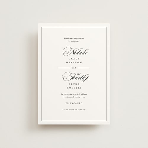 This is a noir petite save the dates with standard by Kimberly FitzSimons called sincerity printing on signature in petite