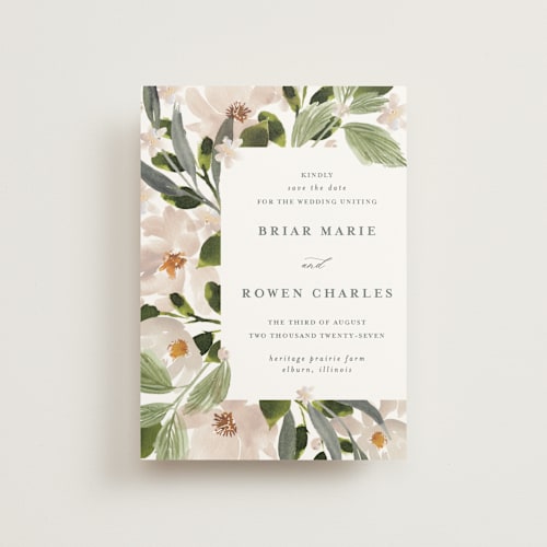 This is a cream petite save the dates with standard by Angela Marzuki called petal toss printing on signature in petite