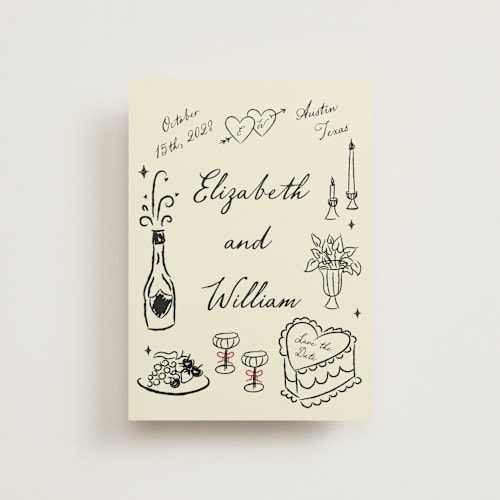 This is a champagne petite save the dates with standard by Helena Vitto called vintage lovers printing on signature in petite