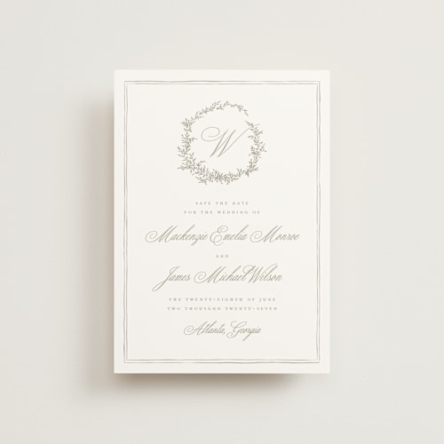 This is a chantilly petite save the dates with standard by Wildfield Paper Co called romantic wreath printing on signature in petite