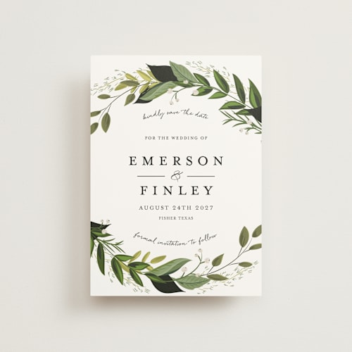 This is a fern petite save the dates with standard by Susan Moyal called vines of green printing on signature in petite