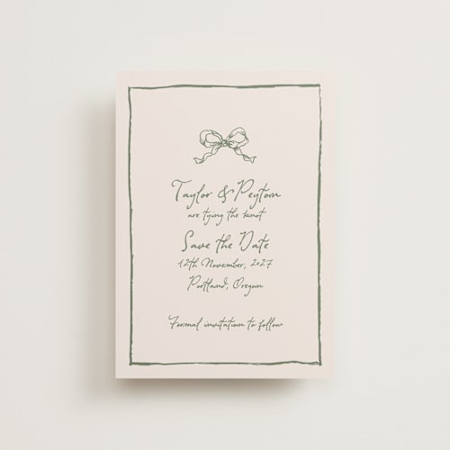 This is a moss petite save the dates with standard by Cass Loh called ribbon bow drawing printing on signature in petite