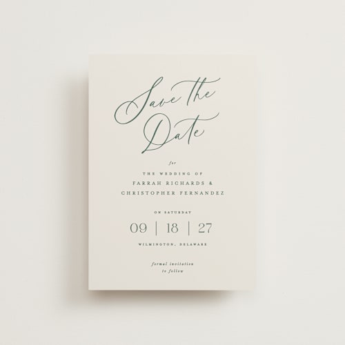 This is a evergreen petite save the dates with standard by Hooray Creative called beautifully scripted printing on signature in petite