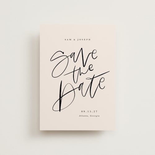 This is a cream petite save the dates with standard by Kristen Smith called brushpen printing on signature in petite