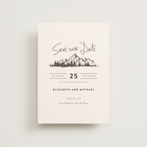 This is a ivory petite save the dates with standard by Anastasia Makarova called mountains printing on signature in petite
