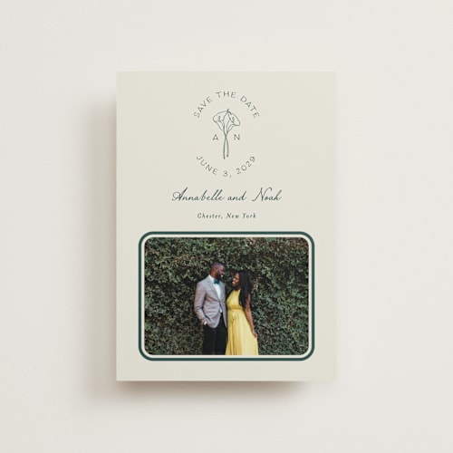 This is a sage save the date postcards with standard by Leah Bisch called pair of calla lilies printing on signature in postcard