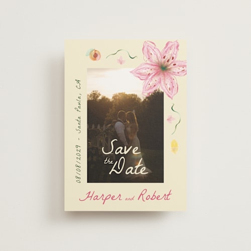 This is a blush save the date postcards with standard by Emily Miranda called romantic tropical wedding printing on signature in postcard