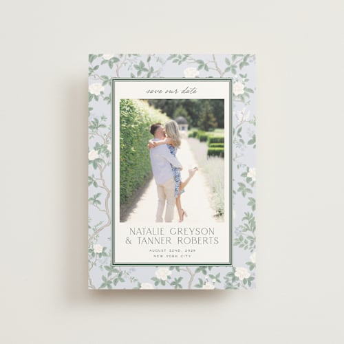 This is a garden save the date postcards with standard by Jenna Holcomb called chinoiserie printing on signature in postcard