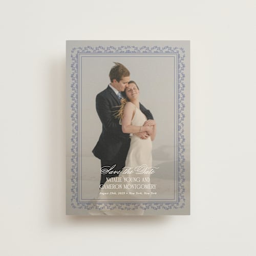 This is a cerulean save the date postcards with standard by Jenna Holcomb called embroidered printing on signature in postcard