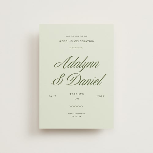 This is a lemongrass save the date postcards with standard by Sam Dubeau called swoon printing on signature in postcard