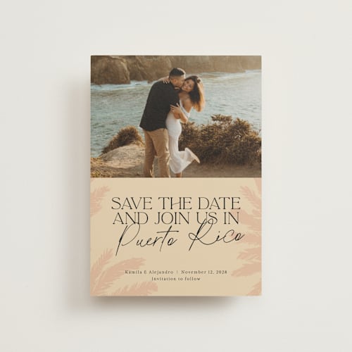 This is a sand save the date postcards with standard by Inkblot Design called destination dream printing on signature in postcard