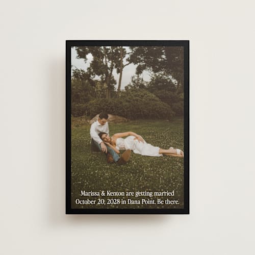 This is a coal save the date postcards with standard by Becky Nimoy called black border printing on signature in postcard