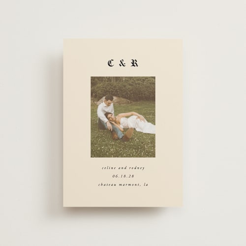 This is a ecru save the date postcards with standard by AK Graphics called marmont printing on signature in postcard